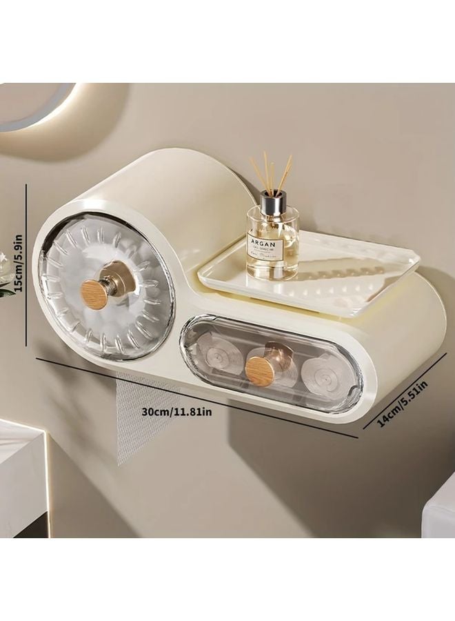 صندوق تخزين ورق التواليت المثبت على الحائط بلون الكريم، ذو حجرتين، تركيب بدون حفر، مقاوم للماء - Image 3